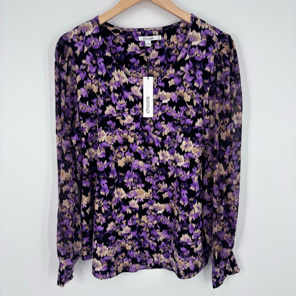 Chico's Touch of Cool Blooms Long Sleeve Organza Top Womens 2 L Black Floral NEW